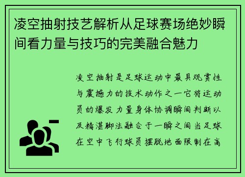 凌空抽射技艺解析从足球赛场绝妙瞬间看力量与技巧的完美融合魅力 凌空抽射技艺解析从足球赛场绝妙瞬间看力量与技巧的完美融合魅力